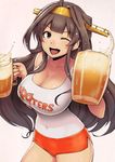  ;d ahoge alternate_costume ao_madoushi beer_mug black_eyes blush breasts brown_hair cleavage collarbone commentary_request covered_navel cowboy_shot cup drinking_glass hairband headgear highres holding holding_cup hooters kantai_collection kongou_(kantai_collection) large_breasts long_hair looking_at_viewer one_eye_closed open_mouth short_shorts shorts side_slit sidelocks smile solo tank_top teeth v-shaped_eyebrows 