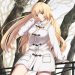  1girl against_railing alternate_costume arm_support arm_up bangs blonde_hair blue_eyes blurry blurry_background commentary_request cowboy_shot day duffel_coat enchuu eyebrows_visible_through_hair fate/grand_order fate_(series) grin hand_in_hair head_tilt highres jeanne_d&#039;arc_(fate) jeanne_d&#039;arc_(fate)_(all) long_hair long_sleeves looking_at_viewer outdoors parted_lips smile solo straight_hair tree very_long_hair white_coat 