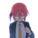  adjusting_clothes backlighting black_jacket blazer brown_eyes glasses hair_between_eyes jacket kobayashi-san_chi_no_maidragon kobayashi_(maidragon) long_sleeves looking_to_the_side necktie nightea open_clothes open_jacket opened_by_self ponytail red_hair shirt simple_background smile solo upper_body white_background white_shirt yellow_neckwear 