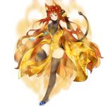  1girl absurdres ahoge aura avaloki black_legwear breasts commentary commission english_commentary full_body gold_dress heterochromia highres large_breasts long_hair mechanical_arm prosthesis prosthetic_arm red_eyes red_hair rwby tail wavy_hair yang_xiao_long yellow_eyes 