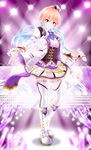  boots eva_16-gouki full_body glowstick highres idolmaster idolmaster_cinderella_girls idolmaster_cinderella_girls_starlight_stage knee_boots long_hair multicolored_hair ninomiya_asuka pink_hair purple_eyes stage stage_lights thighhighs two-tone_hair white_footwear zettai_ryouiki 