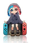  :&gt; absurdres bike_shorts blue_eyes blue_hair blush brown_footwear domino_mask full_body game_console heterochromia highres hood hoodie inkling joy-con long_sleeves looking_at_viewer mask multicolored_hair nintendo_switch pointy_ears puchiman red_eyes red_hair shoes simple_background sitting smile solo splatoon_(series) splatoon_2 tentacle_hair two-tone_hair white_background zipper 