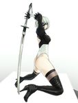  ass black_footwear black_legwear blindfold blindfold_down blindfold_slip blue_eyes boots high_heel_boots high_heels highleg highleg_leotard highres kneeling leotard looking_at_viewer mole mole_under_mouth nier_(series) nier_automata one_eye_covered satou_(gazelle) silver_hair solo sword thigh_boots thighhighs weapon yorha_no._2_type_b 