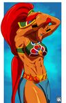  armlet arms_up big_hair blue_lipstick breasts dark_skin gerudo green_eyes highres jewelry large_breasts lipstick long_hair looking_at_viewer makeup muscle muscular_female naavs navel pointy_ears red_hair side_slit smile solo the_legend_of_zelda the_legend_of_zelda:_breath_of_the_wild urbosa 