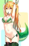 adjusting_hair armpits arms_behind_head arms_up bangs bare_shoulders blonde_hair blush bow bow_bra bow_panties bra breasts brown_legwear cleavage closed_mouth collarbone cowboy_shot dragon_girl dragon_horns dragon_tail eyebrows_visible_through_hair gradient gradient_eyes gradient_hair green_bra green_panties green_skirt groin hair_between_eyes hands_in_hair highres horns kaerunoko kobayashi-san_chi_no_maidragon lace lace-trimmed_bra lace_trim large_breasts legs_together long_hair looking_at_viewer medium_breasts midriff miniskirt mouth_hold multicolored multicolored_eyes multicolored_hair navel orange_eyes orange_hair panties pleated_skirt revision scales side-tie_panties sidelocks skirt skirt_pull solo stomach string_panties tail tooru_(maidragon) twintails tying_hair underwear very_long_hair yellow_bow yellow_eyes 
