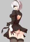  ass bad_id bad_pixiv_id black_dress black_legwear blindfold blush breasts breath cowboy_shot dress facing_viewer fedsnk from_behind gloves hairband heart_cutout highres juliet_sleeves leotard_under_clothes long_sleeves looking_back mole mole_under_mouth nier_(series) nier_automata parted_lips puffy_sleeves short_dress short_hair silver_hair small_breasts solo sweat thighhighs yorha_no._2_type_b 