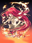  alastor_(shakugan_no_shana) black_legwear bow bowtie brown_bow collarbone copyright_name eyebrows_visible_through_hair eyes_visible_through_hair fire floating_hair green_skirt hair_between_eyes highres holding holding_sword holding_weapon itou_noiji long_hair looking_at_viewer official_art one_eye_closed red_eyes red_hair school_uniform shakugan_no_shana shana shirt skirt solo sword thighhighs very_long_hair weapon white_shirt zettai_ryouiki 