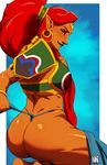  ass big_hair blue_lipstick dark_skin earrings g-string gerudo green_eyes highres hoop_earrings jewelry lipstick long_hair looking_at_viewer makeup midriff muscle muscular_female naavs nose panties pointy_ears red_hair side_slit skirt skirt_removed smile solo the_legend_of_zelda the_legend_of_zelda:_breath_of_the_wild thick_eyebrows thong underwear urbosa 