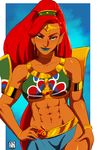  abs armlet big_hair blue_lipstick breasts dark_skin earrings gerudo green_eyes high_ponytail highres jewelry large_breasts lipstick long_hair looking_at_viewer makeup midriff muscle muscular_female naavs navel pointy_ears ponytail red_hair side_slit smile solo the_legend_of_zelda the_legend_of_zelda:_breath_of_the_wild thick_eyebrows urbosa 