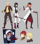  3boys black_gloves blake_belladonna blonde_hair boots bowler_hat breasts brown_footwear cane cigar clenched_hands ember_celica_(rwby) full_body gambol_shroud genderswap genderswap_(ftm) genderswap_(mtf) gloves gradient_legwear green_eyes hat hayami_ritsu highres hooded_vest jacket jaune_arc leather leather_jacket long_coat long_sleeves medium_breasts melodic_cudgel multiple_boys multiple_girls open_clothes open_jacket pyrrha_nikos roman_torchwick rwby short_hair sword weapon yang_xiao_long yellow_eyes 