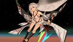  altera_(fate) bare_shoulders black_legwear breasts cleavage dark_skin fate/grand_order fate_(series) full_body_tattoo hei_tong_shi highres holding holding_sword holding_weapon kneehighs looking_at_viewer medium_breasts photon_ray red_eyes solo sword tattoo veil weapon white_hair 