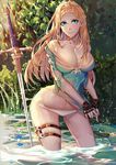  bad_anatomy bare_shoulders black_gloves blonde_hair blue_eyes blue_shirt braid breasts cleavage collarbone crown_braid fingerless_gloves forest gloves grass holster kneeling large_breasts light_smile lily_pad long_hair looking_at_viewer nature navel no_pants off-shoulder_shirt outdoors panties plant planted_sword planted_weapon pointy_ears princess_zelda river shei99 shirt shore solo sword the_legend_of_zelda the_legend_of_zelda:_breath_of_the_wild thigh_holster thighhighs underwear water weapon wet wet_clothes white_legwear white_panties wringing_clothes 