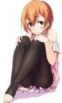  bangs bare_shoulders black_legwear blush brown_hair commentary_request covered_mouth dress eyebrows_visible_through_hair hair_between_eyes highres hoshizora_rin knees_up leggings looking_to_the_side love_live! love_live!_school_idol_project pink_dress sen_(sen0910) short_hair simple_background sitting solo spaghetti_strap toeless_legwear toes white_background yellow_eyes 