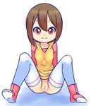  1girl artist_name blush boots bottomless brown_hair digimon digimon_adventure_02 female hoodie pink_eyes pussy ryuhi shirt short_hair sitting smile solo spread_legs thighhighs uncensored white_legwear yagami_hikari 