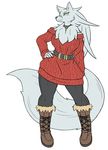 anthro belt big_breasts big_tail boots breasts canine clothed clothing collar female footwear fur hair hand_on_hip inner_ear_fluff long_hair long_tail looking_at_viewer mammal muscular muscular_female rakkuguy simple_background solo standing sweater tuft velvela white_background wide_hips wolf 