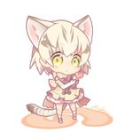  animal_ears bare_shoulders blonde_hair blush bow bowtie cat_ears cat_girl cat_tail chibi dot_nose elbow_gloves expressionless eyebrows_visible_through_hair frilled_skirt frills full_body gloves heart japari_symbol kemono_friends kneehighs looking_at_viewer lowres maora_oto multicolored_hair own_hands_together ribbon sand_cat_(kemono_friends) shirt shoe_ribbon short_hair signature simple_background skirt sleeveless sleeveless_shirt solo standing streaked_hair striped_tail tail tareme white_background white_footwear white_shirt yellow_eyes 
