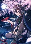  black_hair blue_eyes cherry_blossoms cup full_moon gourd highres japanese_clothes linkauter_chronicle_xceed looking_at_viewer moon night official_art petals sakazuki solo sword thighhighs warabimochi_kinako weapon 