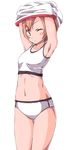  armpits arms_up bangs blush breasts brown_hair closed_mouth commentary_request cowboy_shot eyebrows_visible_through_hair highres hips hoshizora_rin looking_at_viewer love_live! love_live!_school_idol_project navel one_eye_closed sen_(sen0910) shirt short_hair simple_background small_breasts solo sports_bra sportswear standing thighs undressing white_background white_shirt yellow_eyes 