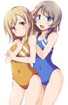  3: ass_visible_through_thighs bangs blonde_hair blue_eyes blue_swimsuit blush breasts closed_mouth commentary_request competition_swimsuit covered_navel cowboy_shot eyebrows_visible_through_hair grey_hair hand_up kunikida_hanamaru looking_at_another looking_at_viewer love_live! love_live!_sunshine!! matching_outfit medium_breasts multiple_girls one-piece_swimsuit open_mouth salute sen_(sen0910) simple_background smile swept_bangs swimsuit teeth watanabe_you wavy_hair wet white_background yellow_eyes yellow_swimsuit 