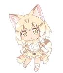  animal_ears ankle_boots arms_at_sides bare_shoulders blonde_hair blush boots bow bowtie breast_pocket cat_ears cat_girl cat_tail chibi commentary elbow_gloves expressionless eyebrows_visible_through_hair frilled_skirt frills full_body gloves gradient_hair jpeg_artifacts kemono_friends kneehighs looking_at_viewer multicolored_hair naya no_nose open_hands open_mouth pocket ribbon sand_cat_(kemono_friends) shirt shoe_ribbon simple_background skirt sleeveless sleeveless_shirt solo standing streaked_hair striped_tail tail tareme triangle_mouth white_background white_footwear white_hair white_shirt yellow_eyes 