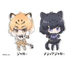  &gt;:( :/ animal_ears arm_at_side black_hair black_jaguar_(kemono_friends) black_neckwear black_ribbon blue_eyes character_name chibi commentary_request eyebrows eyebrows_visible_through_hair eyelashes frilled_shirt frills frown full_body fur_collar gradient_hair hand_up jaguar_(kemono_friends) jaguar_ears jaguar_print jaguar_tail jpeg_artifacts kemono_friends lavender_shirt looking_at_viewer multicolored_hair multiple_girls neck_ribbon orange_eyes orange_hair paw_pose ribbon shadow shirt short_hair short_sleeves simple_background skirt smile standing tail tatsuno_newo thighhighs tsurime twitter_username two-tone_hair v-shaped_eyebrows white_background white_hair white_shirt zettai_ryouiki 