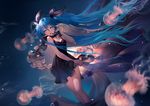  black_dress blue_eyes blue_hair dated dress floating_hair hatsune_miku headset highres jellyfish lian_yao long_hair shinkai_shoujo_(vocaloid) solo twintails very_long_hair vocaloid 