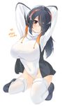  arms_up bangs black_footwear black_hair blush boots breasts brown_eyes character_name closed_mouth commentary_request covered_navel emperor_penguin_(kemono_friends) enatsu full_body hair_over_one_eye headphones highres hood hoodie japari_symbol kemono_friends large_breasts leotard long_hair looking_at_viewer multicolored_hair open_clothes open_hoodie orange_hair simple_background smile solo squatting streaked_hair thighhighs thighs turtleneck white_background white_leotard 