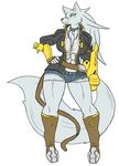  anthro big_breasts big_tail blazblue boots breasts bullet canine clothed clothing collar female footwear fur hair inner_ear_fluff jacket long_hair long_tail looking_at_viewer mammal muscular muscular_female navel rakkuguy scar shorts simple_background solo standing velvela video_games white_background wide_hips wolf yellow_eyes 