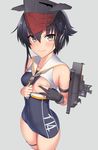  black_hair brown_eyes covered_nipples gloves hat i-14_(kantai_collection) kantai_collection sanhon school_swimsuit short_hair simple_background smile solo swimsuit 