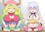  &gt;:( 3: 3girls :d ^_^ baseball_cap blank_eyes blonde_hair blush breast_rest breasts breasts_on_head cleavage_cutout closed_eyes commentary_request cross_hair_ornament crossover dragon_girl dragon_horns frown gabriel_dropout gradient_hair hair_ornament hat horns huge_breasts knives_(knives777) kobayashi-san_chi_no_maidragon large_breasts magatsuchi_shouta md5_mismatch multicolored_hair multiple_girls open_mouth quetzalcoatl_(maidragon) school_uniform season_connection shiraha_raphiel_ainsworth silver_hair smile tenma_gabriel_white trait_connection v-shaped_eyebrows 