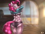  2017 anthro anthrofied bluecoffeedog blush bra butt clothing female friendship_is_magic hair my_little_pony panties pink_hair pinkie_pie_(mlp) solo underwear undressing 