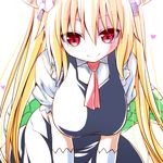  blonde_hair breasts dragon_girl dragon_horns dragon_tail heart horns kobayashi-san_chi_no_maidragon large_breasts long_hair looking_at_viewer maid maid_headdress red_eyes simple_background slit_pupils smile solo tail tooru_(maidragon) twintails watarui white_background 