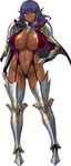  aoi_nagisa_(metalder) areola_slip areolae armor armored_boots bikini_armor blue_hair boots breasts capelet covered_nipples dark_elf dark_skin delva_celebrian elf full_body gradient_hair highres huge_breasts long_hair multicolored_hair navel official_art pointy_ears purple_hair serious shiny shiny_skin simple_background solo standing thigh_boots thighhighs white_background yellow_eyes youkoso!_sukebe_elf_no_mori_e 