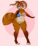  2017 anthro barefoot big_breasts bikini bra breasts brown_fur brown_hair clothed clothing coillte eye_patch eyewear female flag fur hair long_hair microphone navel open_mouth pandaren slightly_chubby solo stripes swimsuit underwear united_states_of_america video_games warcraft wide_hips 