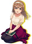  :d black_legwear blouse blush book bow bright_pupils brown_eyes brown_hair collarbone frilled_sleeves frills full_body hairband hand_on_lap highres knees_together_feet_apart kunikida_hanamaru long_hair looking_at_viewer love_live! love_live!_sunshine!! nanotsuki open_mouth pantyhose pink_bow pink_footwear pink_skirt puffy_short_sleeves puffy_sleeves reflective_eyes round_teeth see-through shoe_bow shoes short_sleeves sitting skirt smile solo tareme teeth wariza white_hairband wristband 