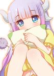  akiba_hideki blue_eyes blush dragon_girl dragon_horns eyebrows_visible_through_hair hair_down horns kanna_kamui kobayashi-san_chi_no_maidragon lavender_hair long_hair looking_at_viewer panties pillow slit_pupils solo tail underwear white_panties 