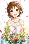  :o ahoge animal_ears bangs bare_shoulders blurry blush breasts brown_hair cat_ears cleavage collarbone commentary_request depth_of_field dress eyebrows_visible_through_hair fang flower flower_necklace green_eyes hair_flower hair_ornament idolmaster idolmaster_cinderella_girls jewelry looking_at_viewer maekawa_miku medium_breasts necklace open_mouth pink_flower red_flower red_rose rose short_hair simple_background skirt_basket smile solo sundress takeashiro tareme tulip water_drop white_background white_dress 