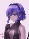  bangs bare_shoulders black_gloves black_hairband blush breasts center_opening dark_skin fate/prototype fate/prototype:_fragments_of_blue_and_silver fate_(series) gloves hairband hassan_of_serenity_(fate) haura_akitoshi medium_breasts purple_eyes purple_hair short_hair solo twitter_username 
