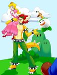  anthro blonde_hair blue_eyes bowser bowser_jr. clothing crown female hair horn human koopa male mammal mario_bros nintendo princess_peach red_hair scalie spikes video_games z-graves 