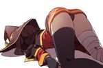  akaino_(akaomi) ass bandaged_leg bandages black_panties breasts brown_hair cape commentary_request dress face_down facing_away fingerless_gloves from_behind gloves hat highres kneeling kono_subarashii_sekai_ni_shukufuku_wo! legs long_sleeves megumin panties pantyshot pantyshot_(kneeling) shadow short_dress short_hair_with_long_locks simple_background single_thighhigh small_breasts solo strapless strapless_dress thighhighs thighs top-down_bottom-up tube_dress underwear white_background witch_hat 
