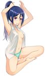  aqua_panties arms_up bare_legs barefoot blue_hair blush breasts cleavage crossed_ankles high_ponytail highres indian_style long_hair looking_at_viewer love_live! love_live!_sunshine!! matsuura_kanan medium_breasts mouth_hold nanotsuki navel open_clothes open_shirt panties ponytail purple_hair shiny shiny_hair shirt sidelocks simple_background sitting smile solo tying_hair underwear white_background 