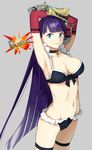  armpits bikini blue_eyes breasts choker cleavage cross fate/grand_order fate_(series) frills gauntlets highres large_breasts long_hair midriff navel purple_hair saint_martha shironojiro smile solo swimsuit 