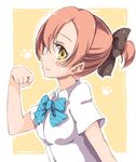  alternate_hairstyle bangs blouse blush bow breasts commentary_request from_side hair_between_eyes hair_bow hand_up hoshizora_rin looking_at_viewer love_live! love_live!_school_idol_project paw_background paw_pose paw_print ponytail profile sen_(sen0910) short_sleeves sidelocks small_breasts smile solo two-tone_background white_background white_blouse yellow_background 