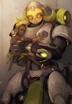  2girls artist_name black_hair brown_background brown_gloves child cowboy_shot crop_top dark_skin efi_oladele eyes_closed facepaint full_body gloves grey_background headphones headwear heart highres holding looking_at_viewer matilda_vin multiple_girls no_mouth omnic on_shoulder orisa_(overwatch) overwatch robot shirt signature sleeveless sleeveless_shirt smile v very_dark_skin white_shirt 