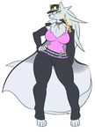  anthro belt big_breasts breasts canine chain chest_tuft clothed clothing coat collar cross_over female fur hair hand_on_hip hat inner_ear_fluff jojo&#039;s_bizarre_adventure long_hair long_tail looking_at_viewer mammal muscular muscular_female rakkuguy scar simple_background sliceofppai_(artist) solo standing tuft velvela white_background wide_hips wolf yellow_eyes 