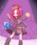  alien_(psr992) alternate_costume black_dress black_footwear boots chain clothes_writing collar dress earth_(ornament) hecatia_lapislazuli long_sleeves looking_at_viewer microphone moon_(ornament) polos_crown red_eyes red_hair short_dress smirk solo touhou 