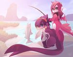  ambiguous_gender anthro blue_eyes clothing detailed_background dragon elbow_gloves eyewear fish fishing fishing_pole gloves goggles green_eyes hair hi_res hood horn lake mako_(rudragon) marine pink_hair purple_hair ru_(rudragon) rudragon shark 