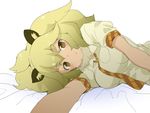  :&lt; animal_ears bed_sheet beige_shirt blonde_hair blush breast_pocket breasts brown_eyes collared_shirt commentary_request eyebrows eyebrows_visible_through_hair eyelashes fur_collar jpeg_artifacts kemono_friends large_breasts lion_(kemono_friends) lion_ears long_hair looking_at_viewer lying necktie on_side ookamiuo outstretched_arm plaid plaid_neckwear pocket pov puffy_short_sleeves puffy_sleeves shirt short_sleeves simple_background solo tsurime white_background white_shirt 