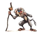  2017 anthro baboon black_eyes disney fur grey_fur kenket magic_user male mammal mane monkey open_mouth primate rafiki shaman simple_background smile solo staff standing teeth the_lion_king tongue traditional_media_(artwork) tribal_spellcaster white_background 