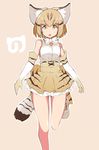  :o animal_ears arms_at_sides bare_shoulders blonde_hair blush body_blush bow bowtie cat_ears cat_girl cat_tail collarbone cross-laced_clothes dot_nose elbow_gloves eyebrows_visible_through_hair frilled_skirt frills gloves japari_symbol kemono_friends kohiyama_sen leg_lift leg_up looking_at_viewer multicolored_hair open_mouth outline pink_background sand_cat_(kemono_friends) sanpaku shirt simple_background skirt sleeveless sleeveless_shirt socks solo streaked_hair striped_tail tail thigh_gap white_footwear white_outline white_shirt yellow_eyes 